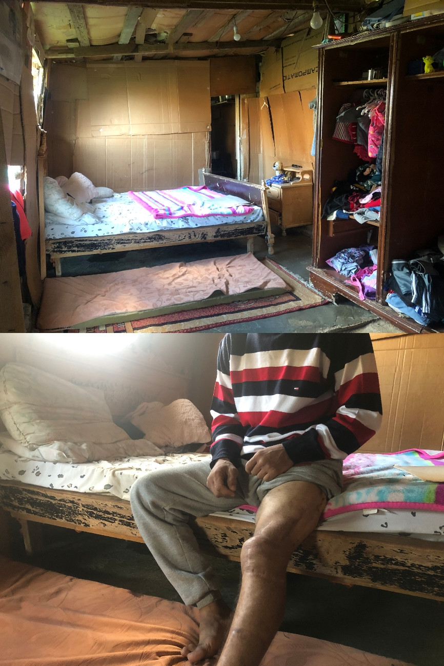He lives with his family in a tent made of cardboard and wood on the riverside.